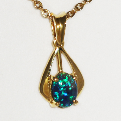 18k Yellow Gold Pendant with a SOLID BLACK OPAL Gemmy fire of greens over blue
